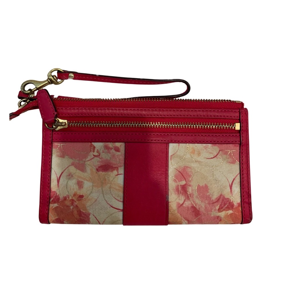 Coach Floral Signature Canvas Wristlet Pink Orange Small Excellent Zip Wallet - Picture 2 of 5